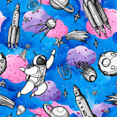 Graphic cosmos with spaceman in a gouache background. Hand-drawn clipart for art work and weddind design.