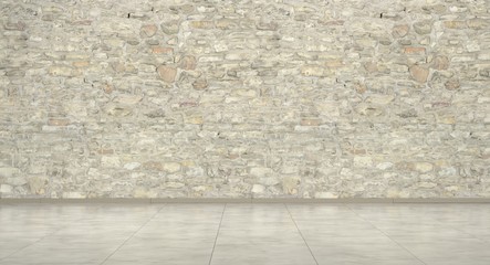 Empty room with brick walls and marble floor, 3d Rendering