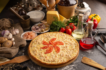 Pizza with small shrimps for a restaurant menu.