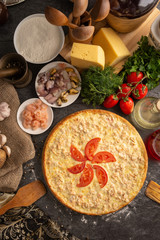 Pizza with small shrimps for a restaurant menu.