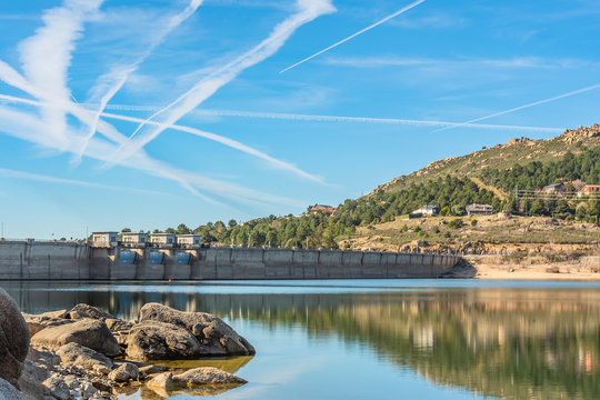 View of the navacerrada dike from the shore of the lake. Spain Madrid Guadarrama.