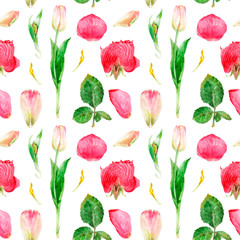 watercolor drawing flowers in a cut, rose and tulip, seamless pattern
