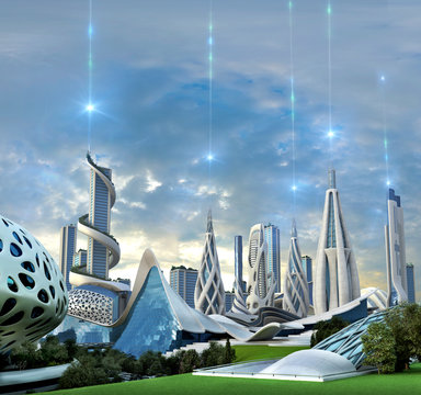 Futuristic city powered by an exotic energy source