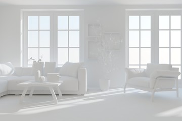 Fototapeta na wymiar Stylish minimalist room with sofa in white color. Scandinavian interior design. 3D illustration