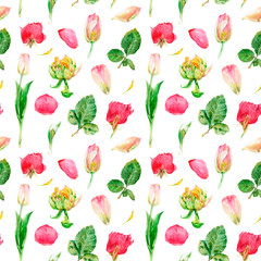watercolor drawing flowers in a cut, rose and tulip, seamless pattern