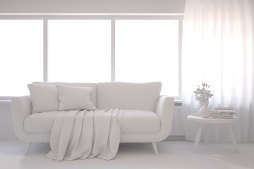 Stylish minimalist room with sofa in white color. Scandinavian interior design. 3D illustration