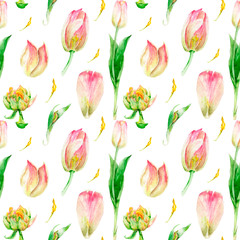 watercolor drawing flowers in a cut, tulip, seamless pattern