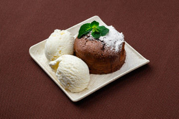 chocolate fondant with mint and ice cream