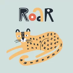 Roar - Niedliches handgezeichnetes Kinderzimmerposter mit Jaguar-Tier und Schriftzug. Farbvektorabbildung. © Oksana Stepova