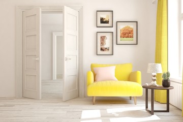 White cozy minimalist room with armchair. Scandinavian interior design. 3D illustration