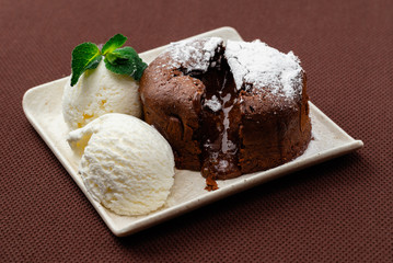 chocolate fondant with mint and ice cream