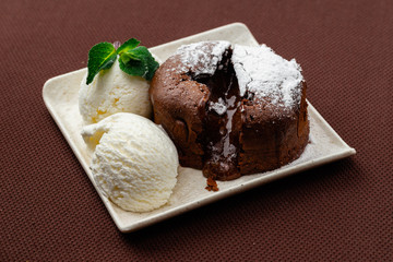 chocolate fondant with mint and ice cream