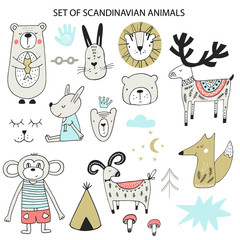 Big set of diferent cartoon animals. Cute handdrawn kids clip art collection. Vector illustration