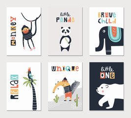 Collection of children cards with cute animals and lettering. Perfect for nursery posters. Vector illustration.