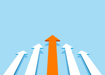 Arrows moving ahead on blue background with orange arrow on the front
