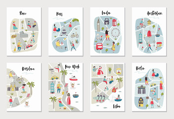 Big set of illustrated maps of of European cities with cute and fun hand drawn characters, plants and elements. - 255785929
