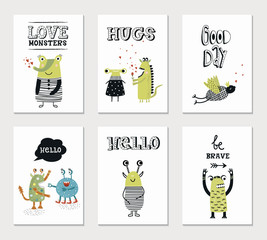 Collection of children cards with cute monsters and lettering. Perfect for nursery posters. Vector illustration. - 255785950