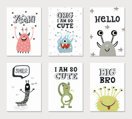 Collection of children cards with cute monsters and lettering. Perfect for nursery posters. Vector illustration. - 255785955