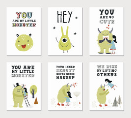 Collection of children cards with cute monsters and lettering. Perfect for nursery posters. Vector illustration. - 255785978
