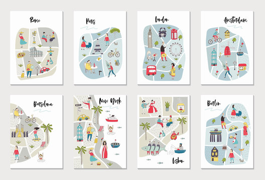 Big set of illustrated maps of of European cities with cute and fun hand drawn characters, plants and elements.
