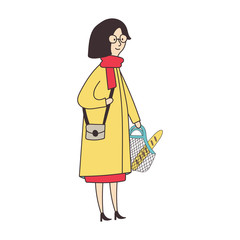 Woman in a yellow coat holding a shopping bag. Vector illustration
