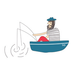 Bearded man fisherman sitting in a boat and fishing with fishing rods. Vector illustration - 255786163