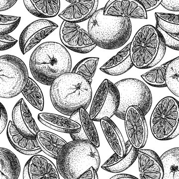 Seamless cool pattern with orange fruit in engraving stile. Sweet and fresh fruit element for menu, greeting cards, wrapping paper, cosmetics packaging, labels, tags, posters, fabrics, textile