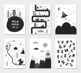 Collection of children cards with cute animals and lettering. Perfect for nursery posters. Vector illustration.