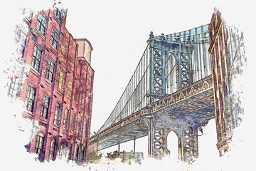 Watercolor sketch or illustration of a beautiful view of the Brooklyn Bridge and other buildings in NYC in the USA