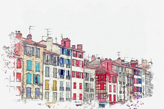 Watercolor sketch or an illustration of a beautiful view of the colorful houses in Bayonne in France. Traditional European architecture