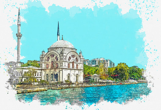 Watercolor sketch or illustration of a beautiful view of the mosque and other urban architecture and the Bosphorus in Istanbul in Turkey