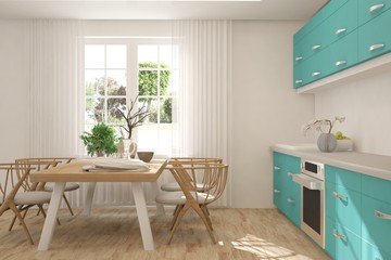 White stylish minimalist kitchen with summer landscape in window. Scandinavian interior design. 3D illustration