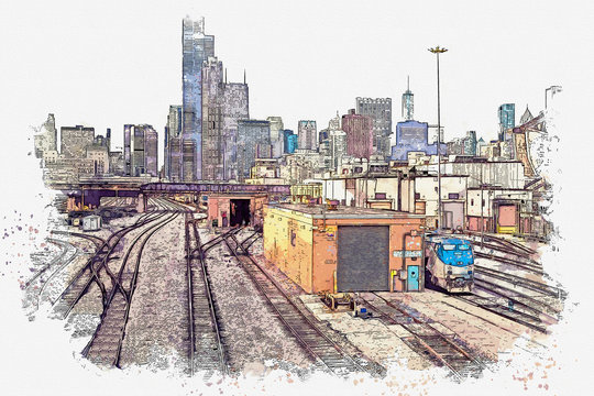 Watercolor sketch or illustration of a beautiful view of the urban architecture or train station with trains in Chicago in the USA