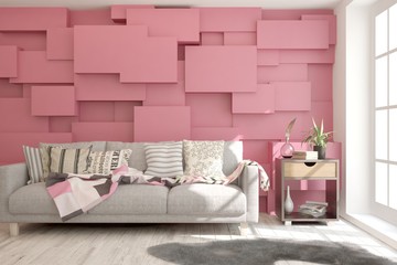 Colorful stylish minimalist room with sofa. Scandinavian interior design. 3D illustration