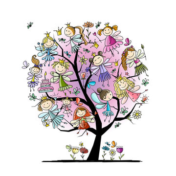 Tree with cute little fairies, sketch for your design