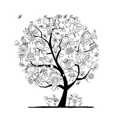 Tree with cute little fairies, coloring page for your design