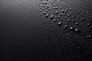 Shiny water drops on black surface, background