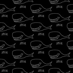 Cute cartoon whale background with hand drawn smiling whales. Sweet vector black and white whale background. Seamless monochrome doodle whale background for textile, wallpapers, wrapping and cards.