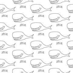 Cute cartoon whale pattern with hand drawn smiling whales. Sweet vector black and white whale pattern. Seamless monochrome doodle whale pattern for textile, wallpapers, wrapping paper, cards and web.