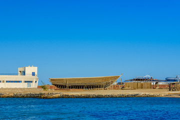 Construction of the modern yacht on shipyard