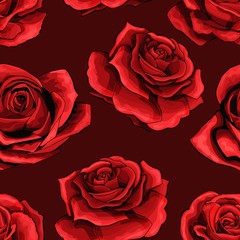 Red rose flower bouquets contour elements seamless pattern on maroon background