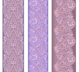 Seamless fashion vertical pattern with paisley and decorative elements. Traditional ethnic  ornament. Vector set of 3. Use for textile design, embroidery, braid, tape, ribbon.