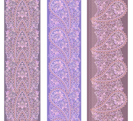 Seamless fashion vertical pattern with paisley and decorative elements. Traditional ethnic  ornament. Vector set of 3. Use for textile design, embroidery, braid, tape, ribbon.