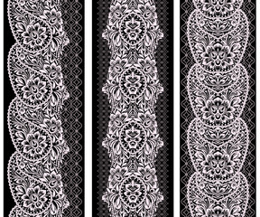 Black and white lace vertical seamless pattern with paisley and ethnic decorative elements. Vector set of 3. Use for embroidery, braid, tape, ribbon 