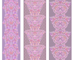 Vertical seamless lace pattern with flowers and ethnic elements. Vector set of 3. White  background. Use for embroidery, braid, tape, ribbon.