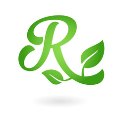 R letter calligraphic organic logo green leaves