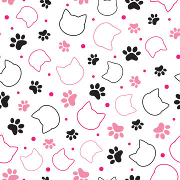 Seamless pattern with cat head and paw