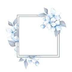 Spring floral frame with blue flowers isolated on white