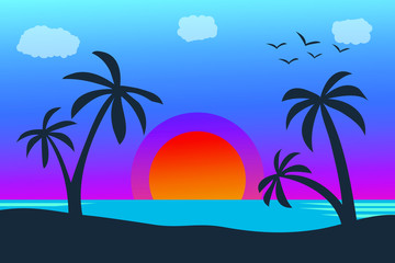 Fototapeta na wymiar Vector seascape and sky background. Tropical Beach and Palm Trees Silhouette Travel Holiday Vacation Concept.