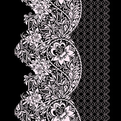 Seamless black and white lace pattern with paisley and flowers. Traditional ethnic ornament. Vector print. Use for wallpaper, pattern fills,textile design.